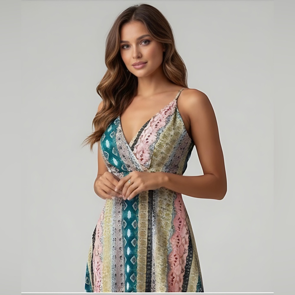 Boho Floral & Geo Print Backless Wrap Split Thigh Dress. - Picture 2 of 12